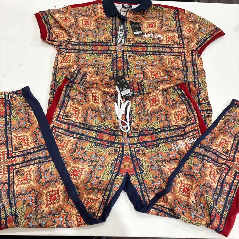 Hustle Gang Mens Lotto Polo and Yastik Pant Matching Set Gold Paisley 3XL NWT